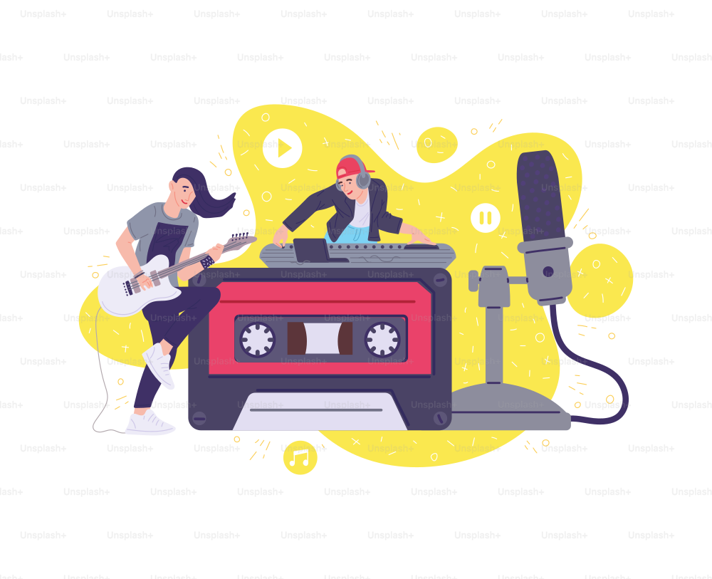 Music streaming broadcasting banner or cover with musicians characters, flat vector illustration isolated on white background. Music online stream channel.