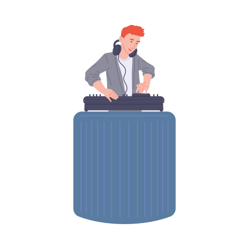 Un personaggio di DJ con attrezzature per il missaggio musicale. Musica in streaming radiofonico o festa virtuale online su internet. Illustrazione vettoriale piatta isolata su uno sfondo bianco.