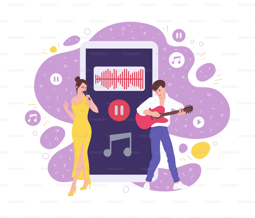 Musicians performing against backdrop of a huge mobile phone, flat vector illustration isolated on white background. Banner or cover for music broadcasting or streaming.