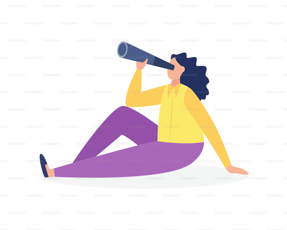 Woman sitting on the floor and watching through spyglass, flat vector illustration isolated on white background. Recruitment and career opportunity concept.