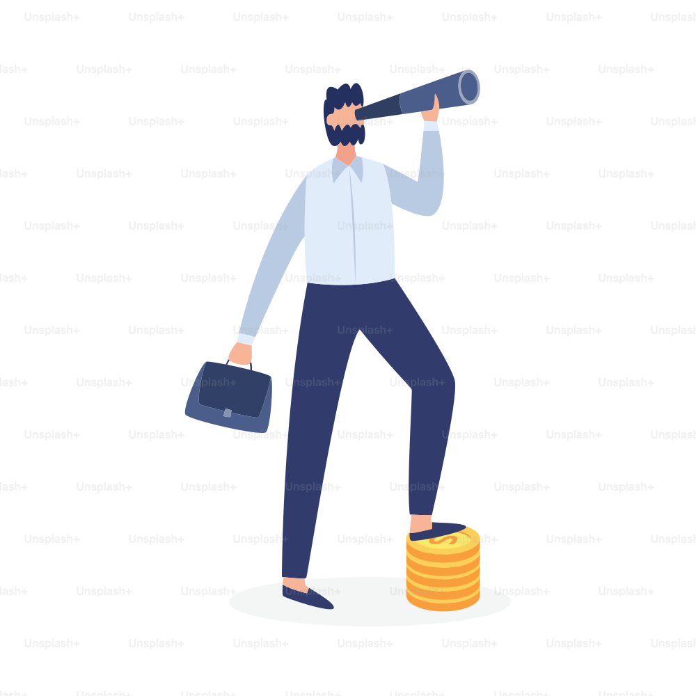 Cartoon businessman looking through spyglass standing on coin stack. Business man searching for investment or career prospects, isolated vector illustration.
