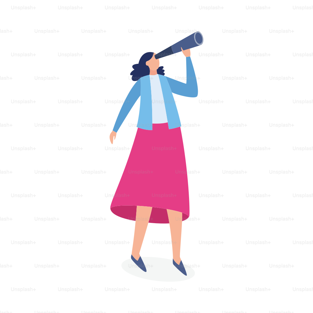 Businesswoman look in spyglass for successful future, planning career, perspective and opportunity, searching for professional employees. Flat isolated vector illustration.