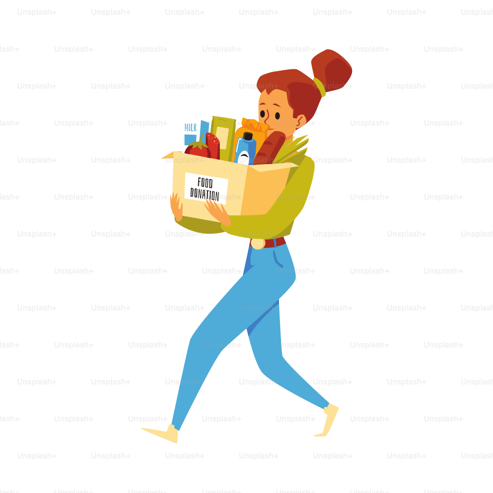Volunteer woman carrying box full of grocery for food donation charity event, flat vector illustration isolated on white background. Food sharing with poor people.