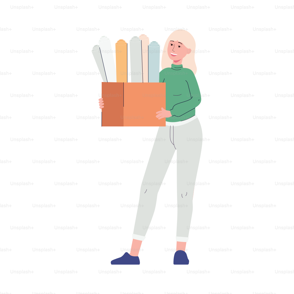 Female office worker, printing house employee or manager supplier holds box with designer paper samples. Industrial print production or advertising agency. Vector illustration.
