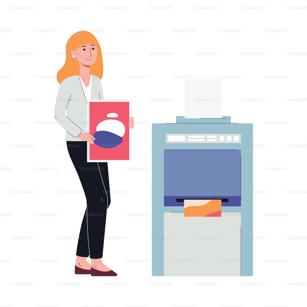 Woman printing house employee hold color copy working with printing equipment. Industrial print production, advertising agency with inkjet or digital printers. Vector illustration.
