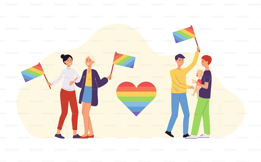 Homosexual couple and lesbian couple among LGBT community rainbow symbols, flat vector illustration isolated on white background. LGBT community cartoon characters.