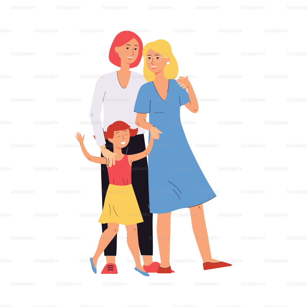 Happy lesbian marriage couple with kid girl. Non-traditional lgbt family, same-sex relationship, parenthood and child care. Vector flat illustration on a white background