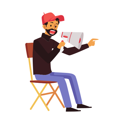 Professional cinema production. Director of film with a megaphone directs the film crew. Shooting scene of movie. Flat cartoon isolated vector illustration.