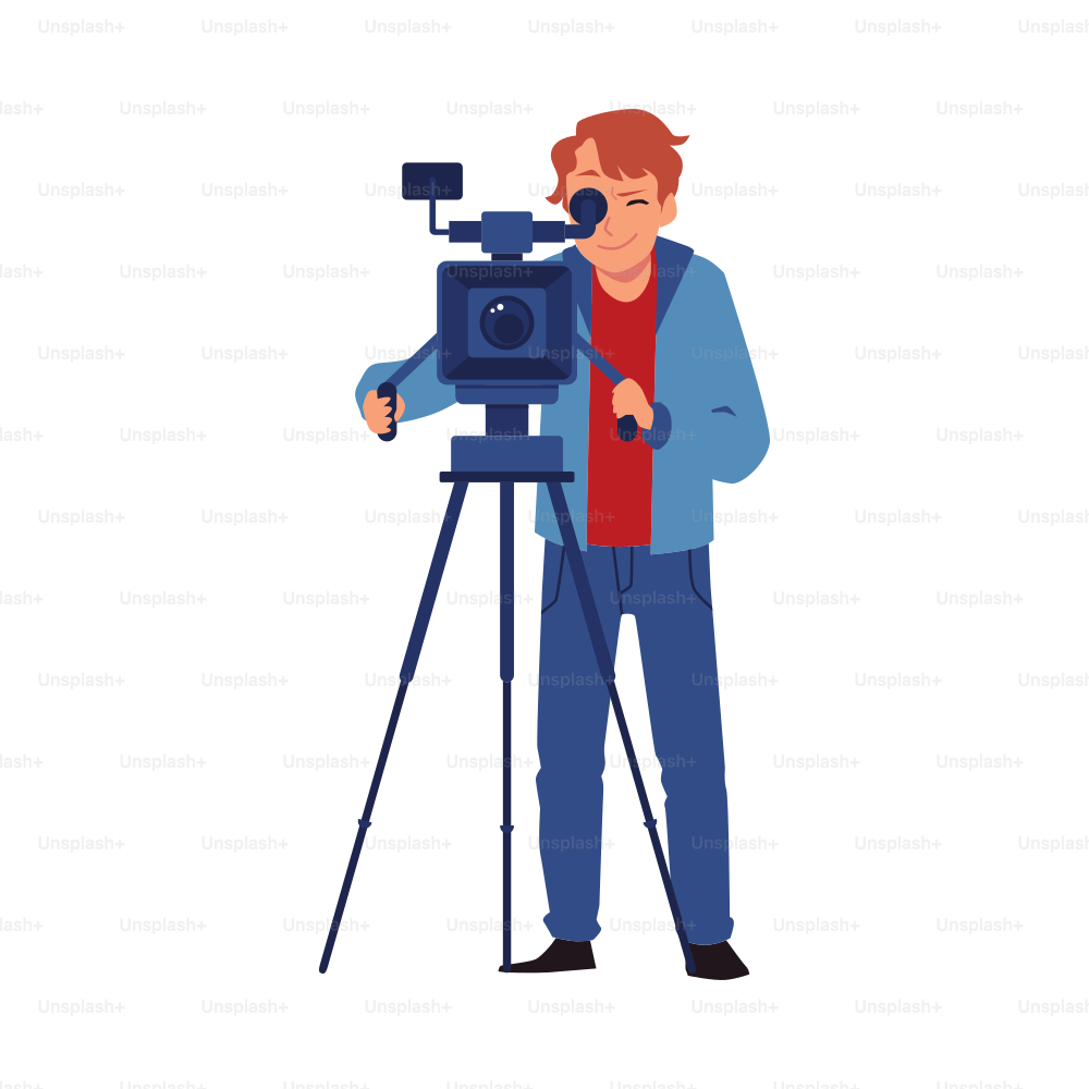 전문 카메라맨 또는 비디오 오퍼레이터가 비디오를 촬영하고, 흰색 배경에 분리된 평면 벡터 일러스트레이션을 촬영한다. 삼각대에 카메라 뒤에 있는 남자의 만화 캐릭터.
