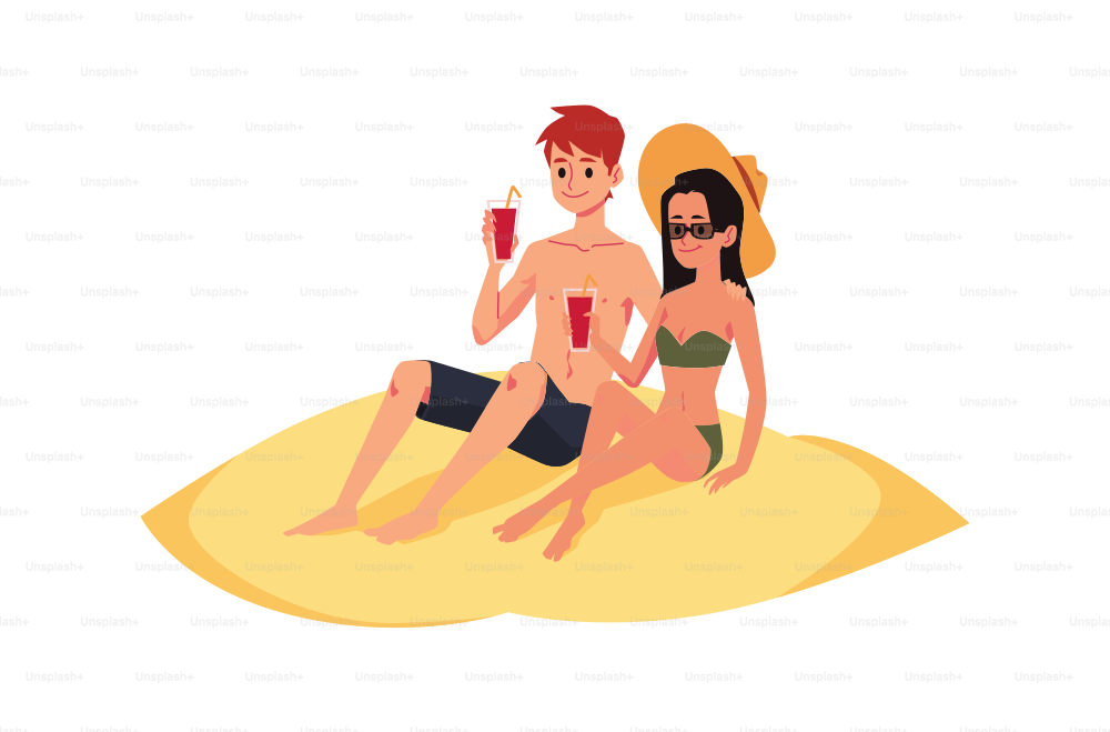 Couple together spend time on sea or ocean coast. Happy lovers resting at seaside resort enjoying a summer vacation. Bonding relationship, honeymoon. Vector isolated illustration