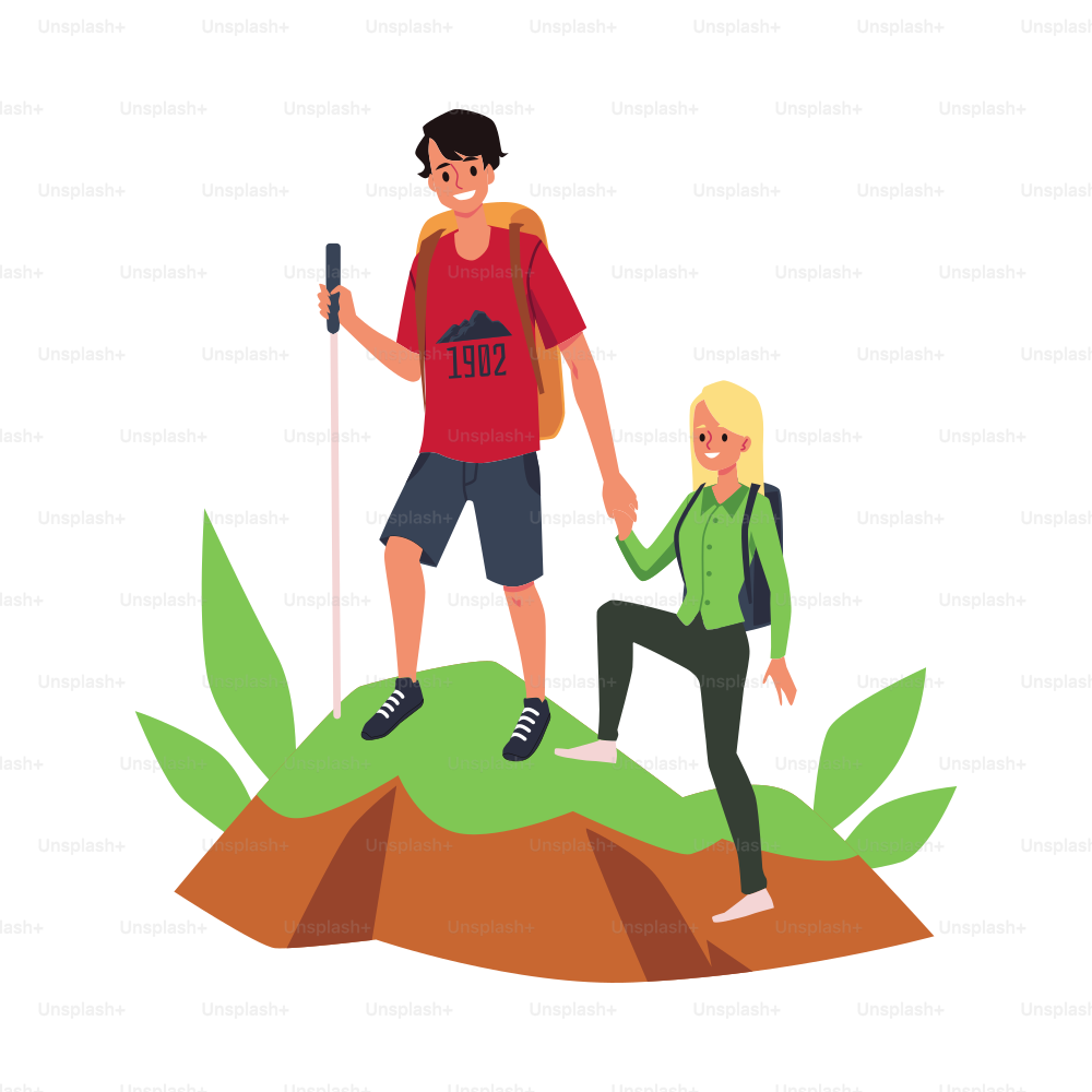 Happy family of tourists with backpacks climb the mountains. Joint hike or adventure for bonding relationship of young couple. Flat cartoon isolated vector illustration