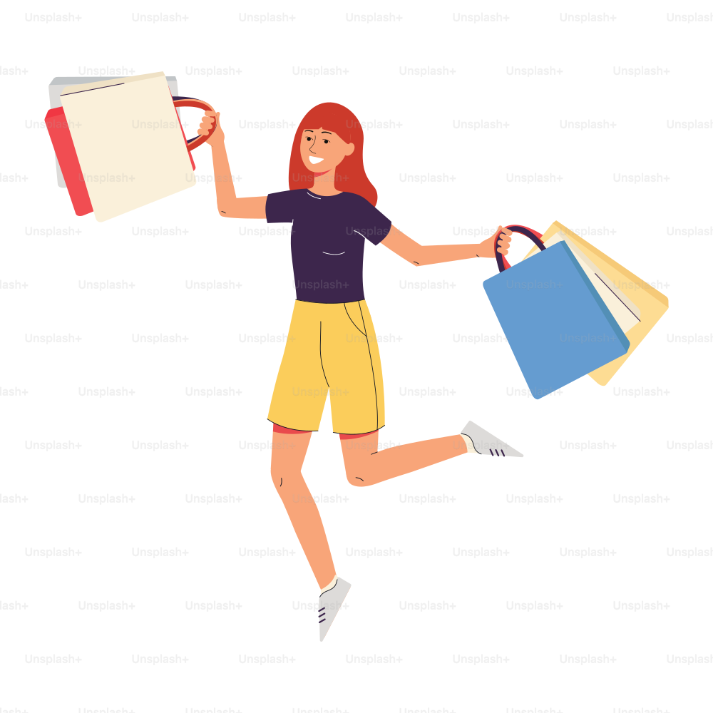 Person female happy shopper with a lot of bags and packages. Shopaholic after sales and discounts. Black friday and cyber monday. Flat cartoon isolated vector illustration
