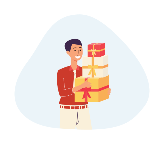 Happy shopper : un jeune homme avec beaucoup de cadeaux pour la famille ou les amis. Soldes saisonnières pendant les fêtes, réductions, Black Friday ou Cyber Monday. Illustration vectorielle de dessin animé plat.