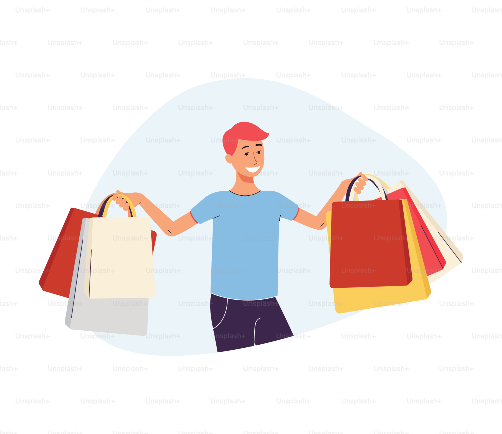 Junger fröhlicher Mann, der Einkaufstüten in beiden Händen hält, flache Vektorillustration isoliert auf weißem Hintergrund. Banner-Idee für Shop-Verkäufe und Online-Rabatt im Webshop.