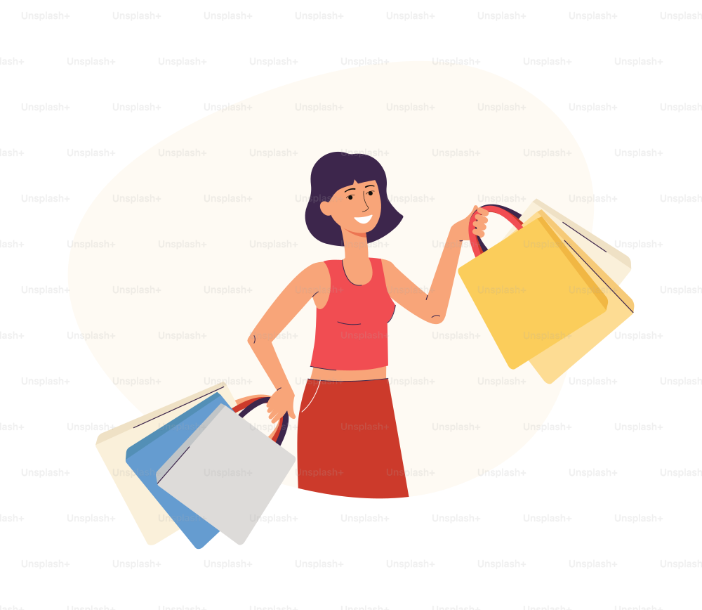 Young woman with lot of bags and packages with purchases. Happy shopper after sales and discounts. Black friday and cyber monday for shopaholic. Flat isolated vector illustration