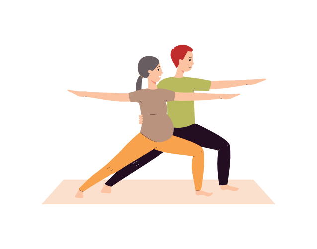 Quelques futurs parents faisant du yoga ensemble, illustration vectorielle plate isolée sur fond blanc. Cours prénataux sur la grossesse : scène d’entraînement en couple avec une femme enceinte.