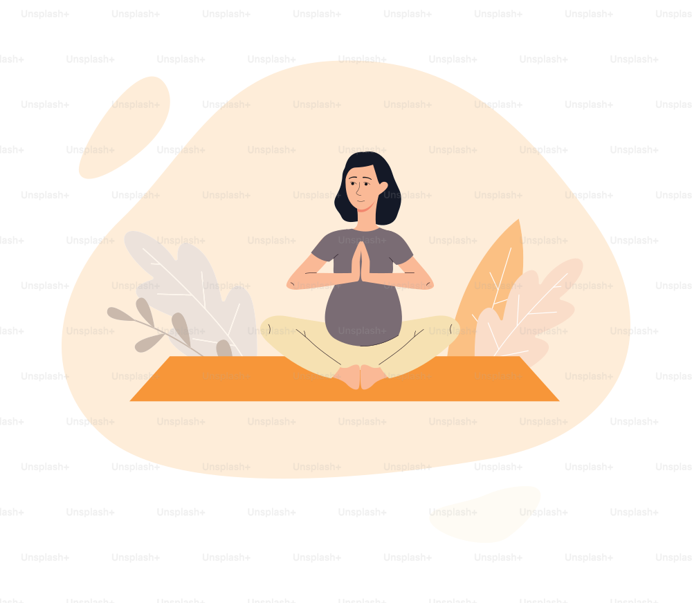 Pregnant woman practicing yoga for relaxation and wellbeing, flat vector illustration isolated on white background. Healthy pregnancy and maternity concept.