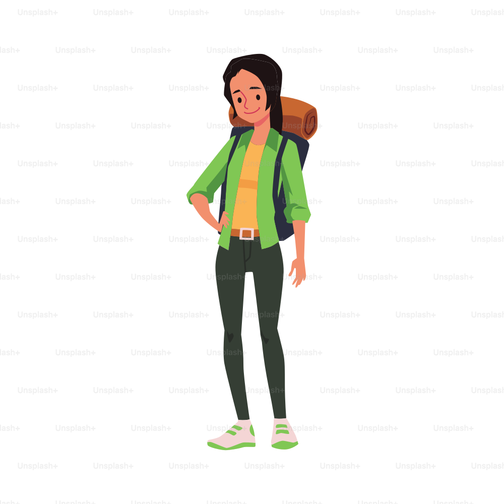 Woman tourist cartoon character with backpack, flat vector illustration isolated on white background. Female character of hiker or backpacker standing full length.