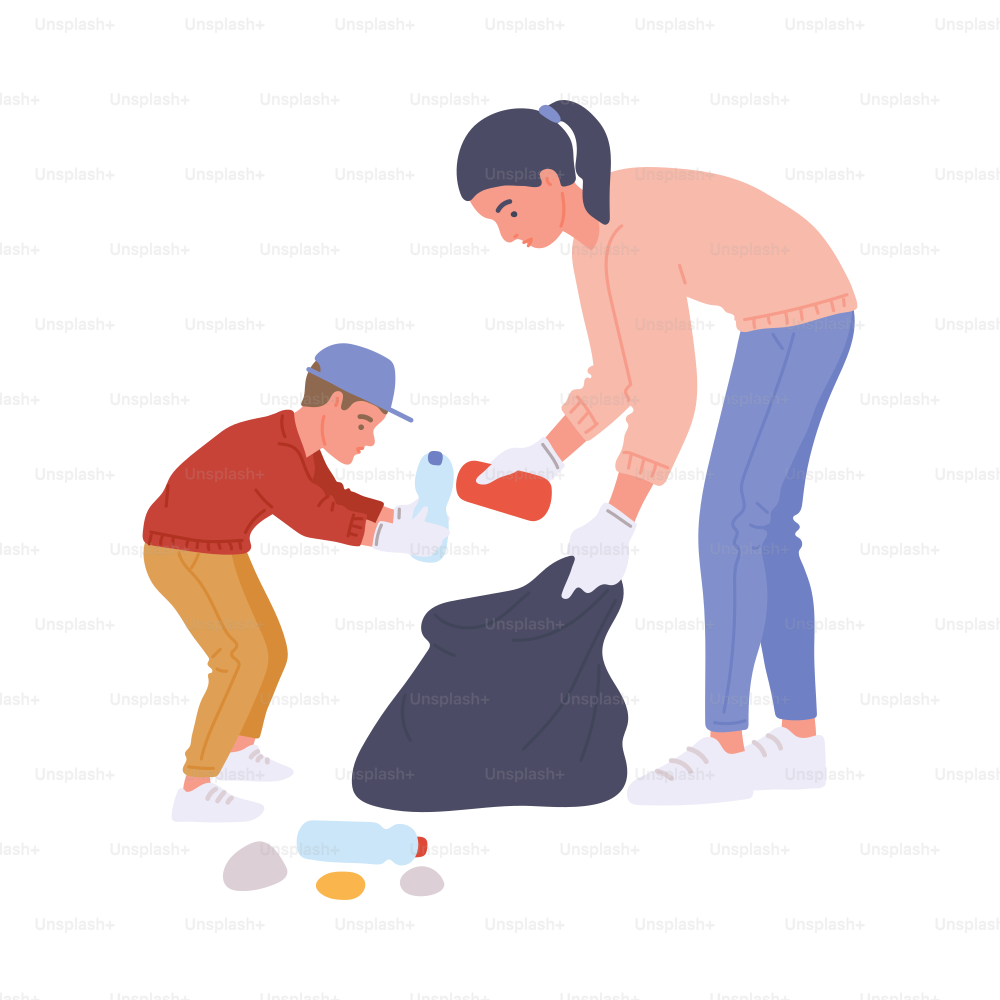 Madre e bambino volontari che raccolgono la spazzatura in un sacco della spazzatura, illustrazione vettoriale piatta isolata su sfondo bianco. Volontariato nella pulizia di parchi e boschi.