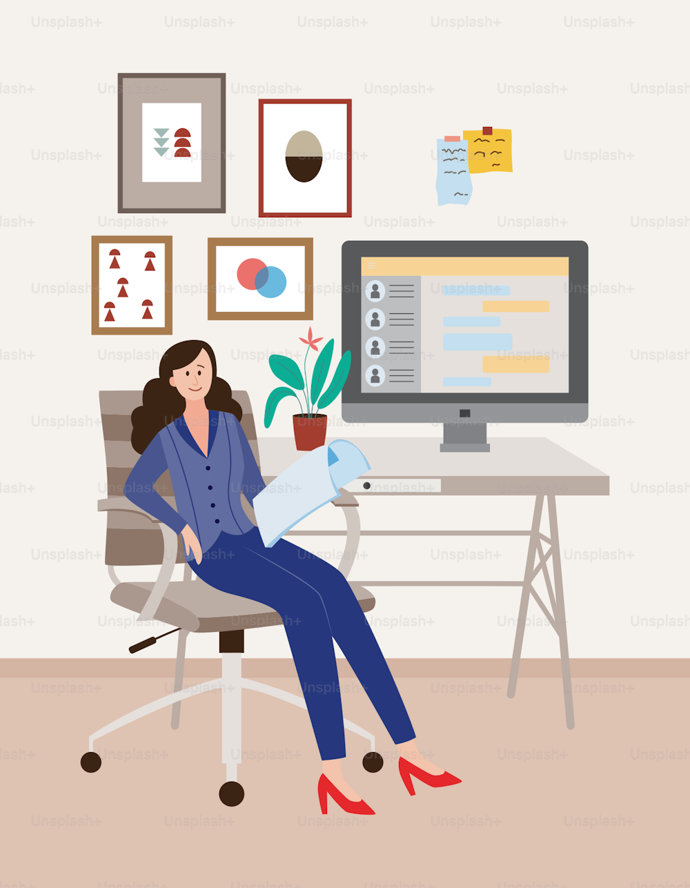 A young female office employee or businesswoman is sitting in an office chair at the workplace. Interior of an office or home cabinet. Vector flat illustration.