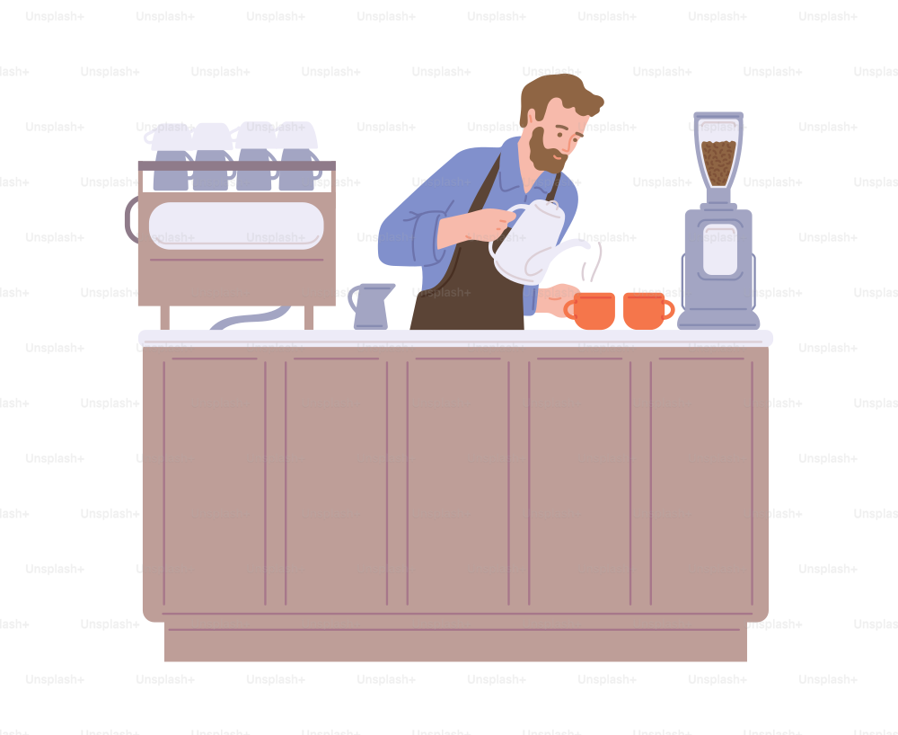 바리스타 힙스터 남자 만화 캐릭터는 컵에 커피를 양조하는 커피숍의 카운터 바 뒤에 있고, 흰색 배경에 분리된 평면 벡터 삽화.