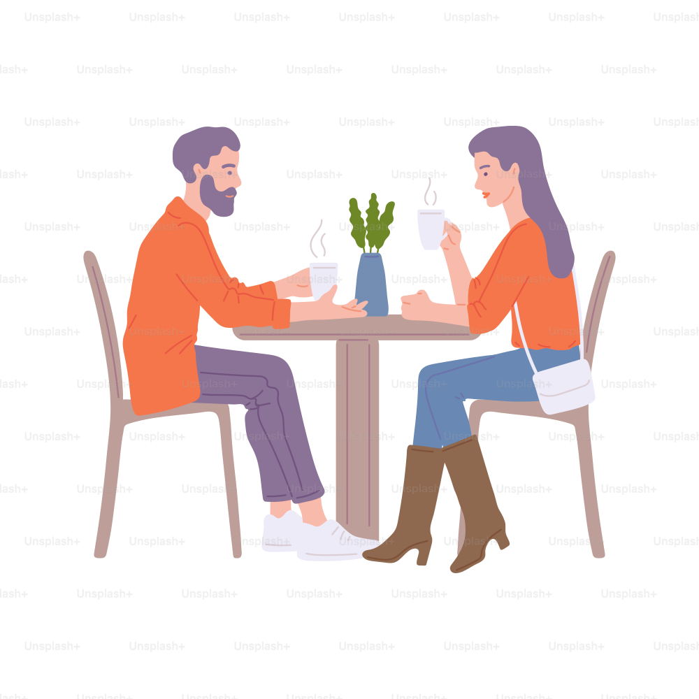 Pareja que tiene cita en cafetería o cafetería, ilustración vectorial plana aislada sobre fondo blanco. Hombre y mujer tomando café sentados a la mesa en la cafetería.