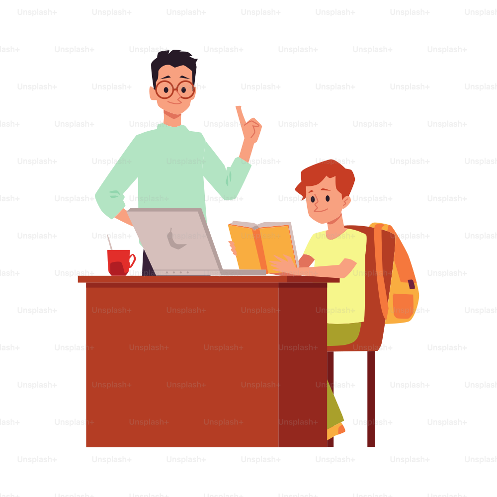 Boy and teacher at computer desk - cartoon pupil reading a book at home. Online internet education or private tutor concept, isolated vector illustration.
