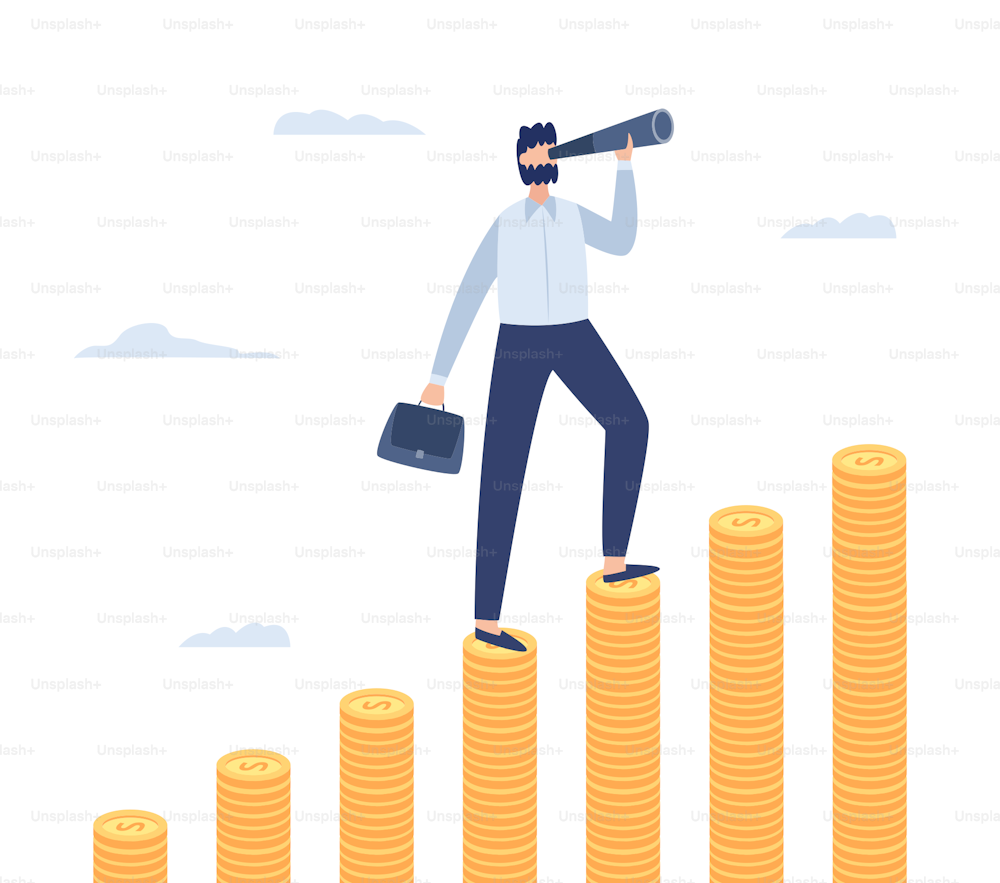Businessman looking in spyglass and goes up the stacks of gold coins. Concept of successful career, searching new perspectives and opportunities in business. Vector illustration