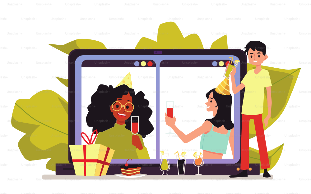 Online internet birthday, virtual party or remote holiday with cake, gift and people with drinks. Meeting with friends in video conference during quarantine. Vector illustration