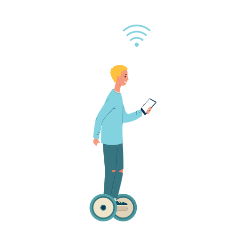 Man cartoon character riding hoverboard and using smart city modern technologies on mobile phone, flat vector illustration isolated on white background.