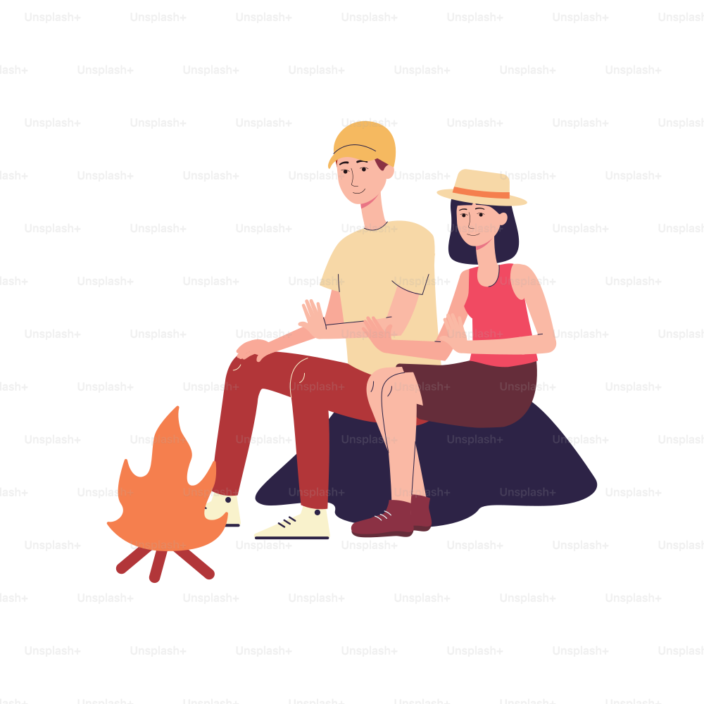 Boy and girl cartoon characters on joint holiday vacation on nature, flat vector illustration isolated on white background. Couple tourists enjoy bonfire in camp.