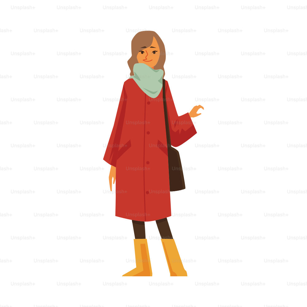 추운 계절을 위해 코트와 스카프를 입은 젊은 여성, 흰색 배경에 격리된 평면 벡터 삽화. 가을 옷을 입은 소녀 만화 캐릭터.