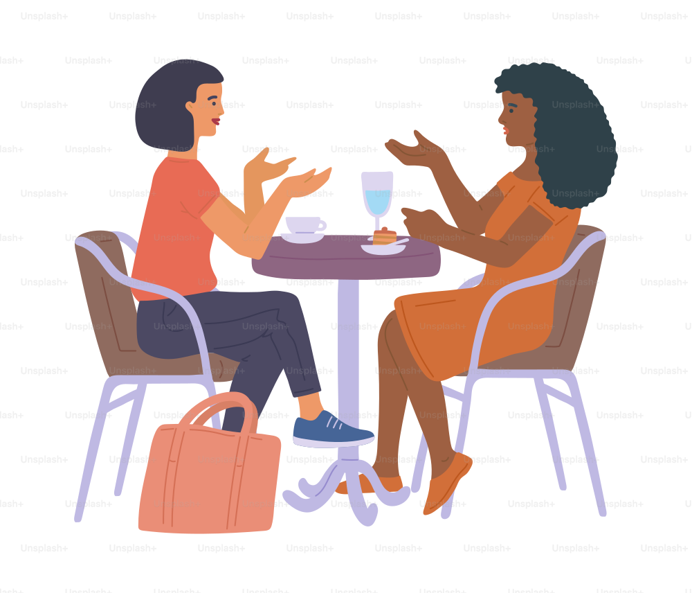 Two friends or colleagues women sitting at a table in street cafe or restaurant and have fun talking, flat vector illustration isolated on white background.