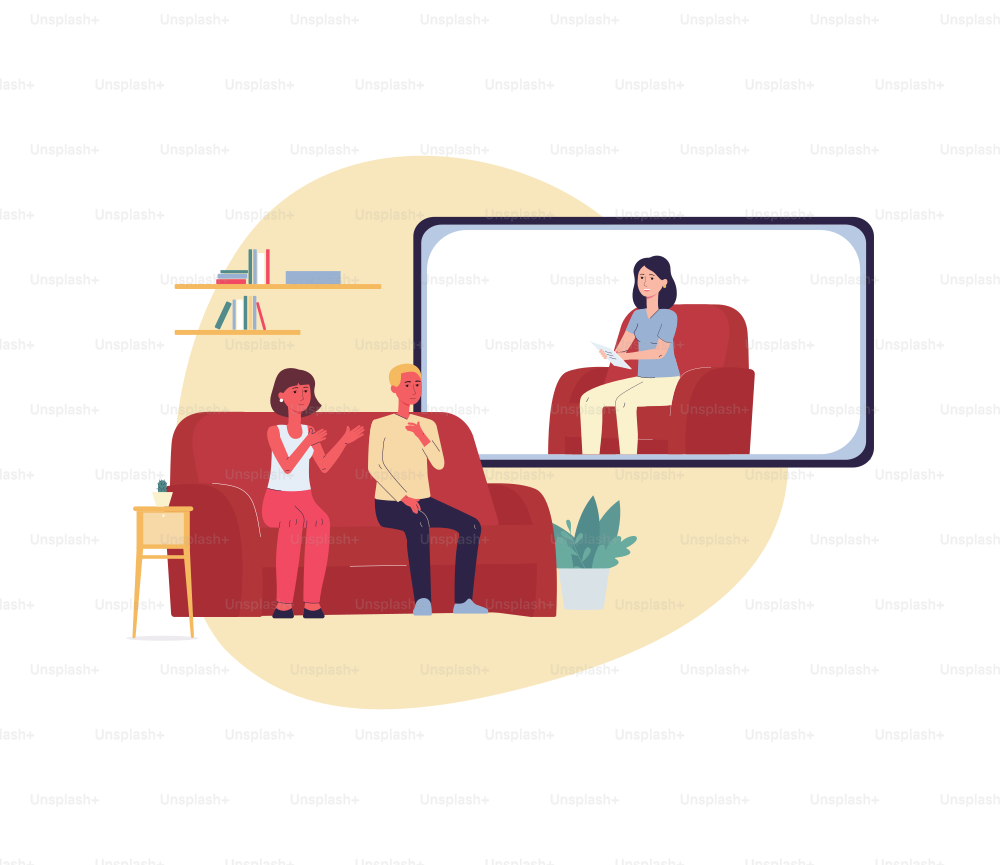 Psychological online support for families. Psychiatric therapy for a couple with a relationship crisis. The doctor consults patients on the TV screen. Vector flat illustration.