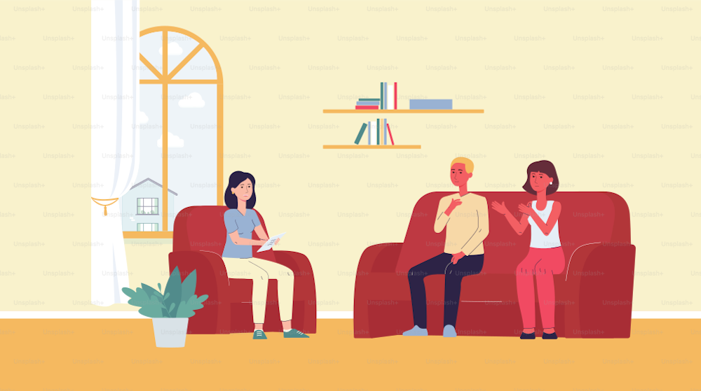 Married couple visiting psychologist for family psychotherapy session, flat vector illustration. Man and a woman share their problems with psychotherapist.