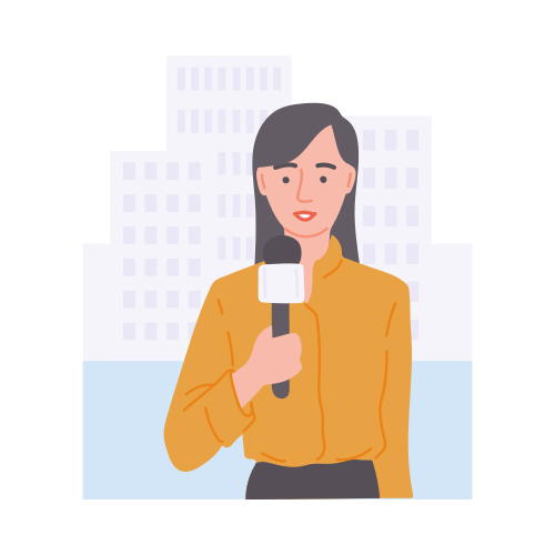 Eine Journalistin berichtet live über die Nachrichten. Ein Reporter mit einem Mikrofon in der Hand vor dem Stadtgebäude. Ausstrahlung eines Nachrichtensenders. Flache Vektorillustration