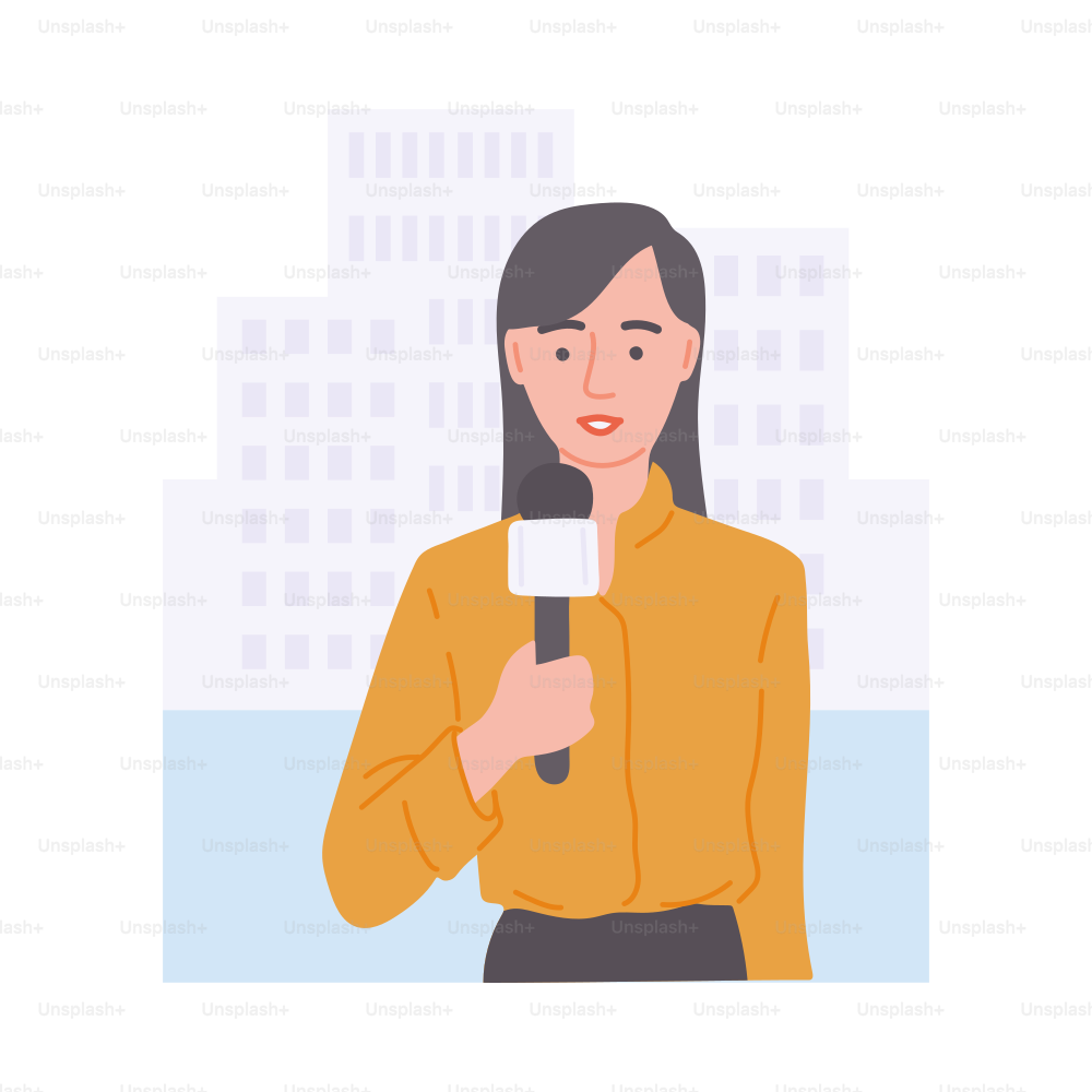 A female journalist reports the news live. A reporter with a microphone in his hand in front of the city building. Broadcasting of a news channel. Flat vector illustration