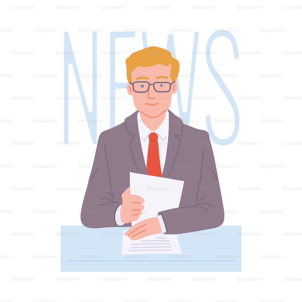 Man TV news reader or presenter at his desk, flat vector illustration isolated on white background. Anchorman or reporter cartoon character in news studio.