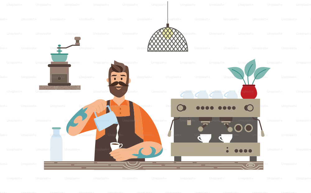 The male hipster barista adds milk to cup coffee. Barista at the counter next to the coffee machine. Cozy interior of the coffee shop. Flat vector illustration on white.