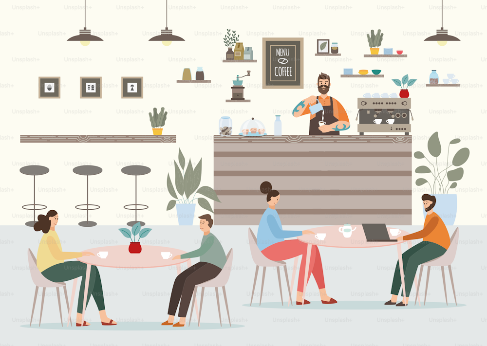 Interior del coffeeshop con barista y clientes bebiendo café y comunicándose, ilustración vectorial plana. Paisaje de restaurante de café con hombres y mujeres sentados en las mesas.