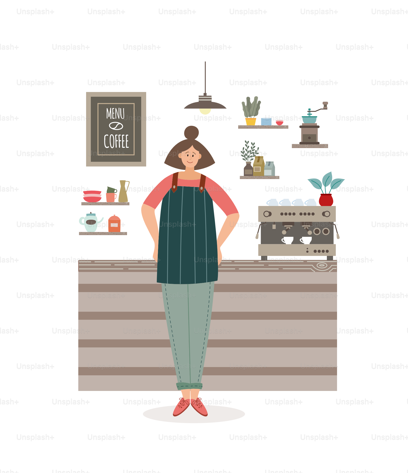 Cartoon-Barista-Mädchen an der Café-Theke. Arbeiterin in Schürze, die im Café-Innenraum mit Getränkeherstellungsgeräten und gemütlichen Dekorationen steht, Vektorillustration.