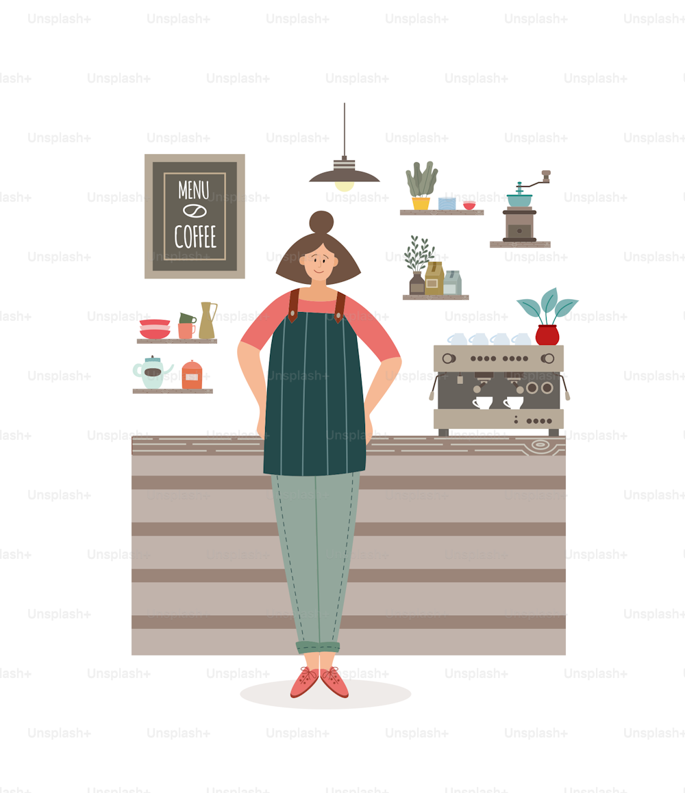 Cartoon barista girl at coffee shop counter. Worker woman in apron standing in cafe interior with drink making equipment and cozy decorations, vector illustration.