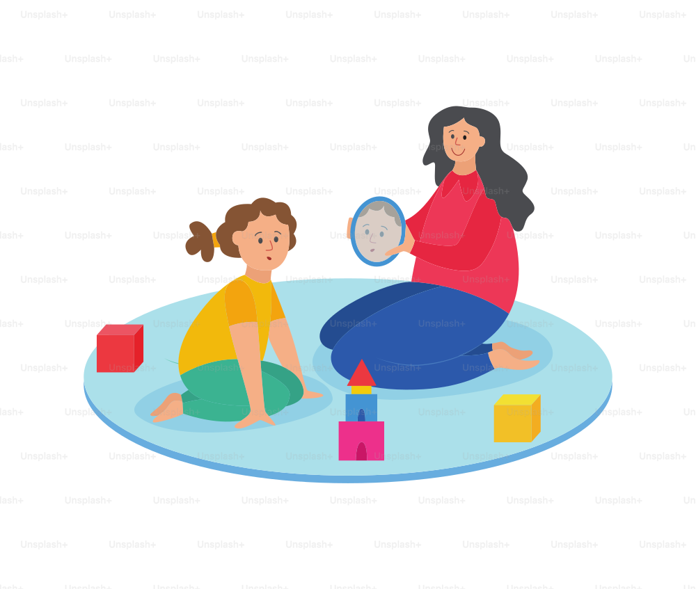 Una mujer con un niño se sienta en la lección de terapia del habla y juega un juego educativo, ilustración vectorial plana aislada sobre fondo blanco. Terapia del habla para niños.