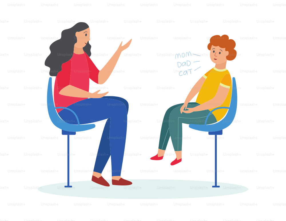 Psychologist doctor talking with kid about mind problems sitting on chairs. Psychological consultation, flat cartoon vector illustration isolated white background