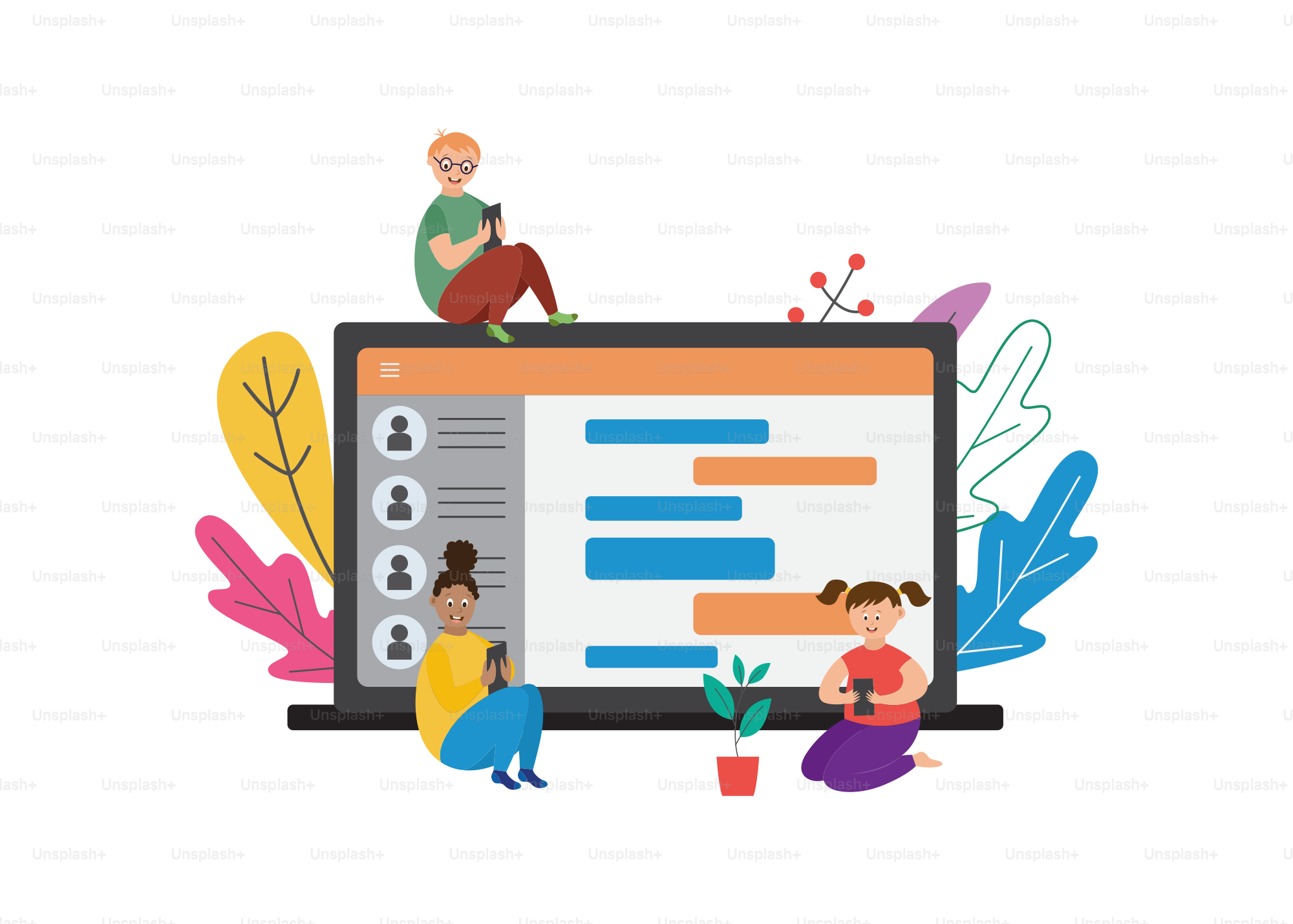 Children online communication banner with tiny kids chatting online, flat vector illustration isolated on white background. Children social connectivity concept.