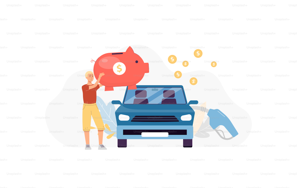 Concept of petrol economy and saving money. Man pay of car refueling from piggy bank. Flat cartoon vector illustration isolated on a white background.