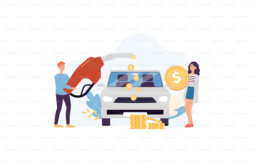 Fuel economy and money saving banner template with couple refueling a car at gasoline station, flat cartoon vector illustration isolated on white background.