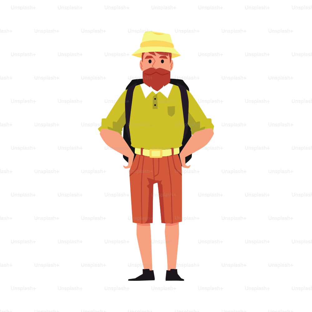사파리 헬멧을 쓰고 배낭을 메고 있는 남자 만화 캐릭터 여행자 또는 탐험가, 흰색 배경에 격리된 평면 벡터 삽화. 사파리 투어를 위해 옷을 입은 관광객.
