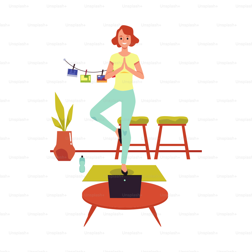 Una mujer joven lleva a cabo una capacitación en casa en línea. La niña hace yoga en su tiempo libre, los fines de semana o en cuarentena. Ilustración vectorial aislada de dibujos animados planos.