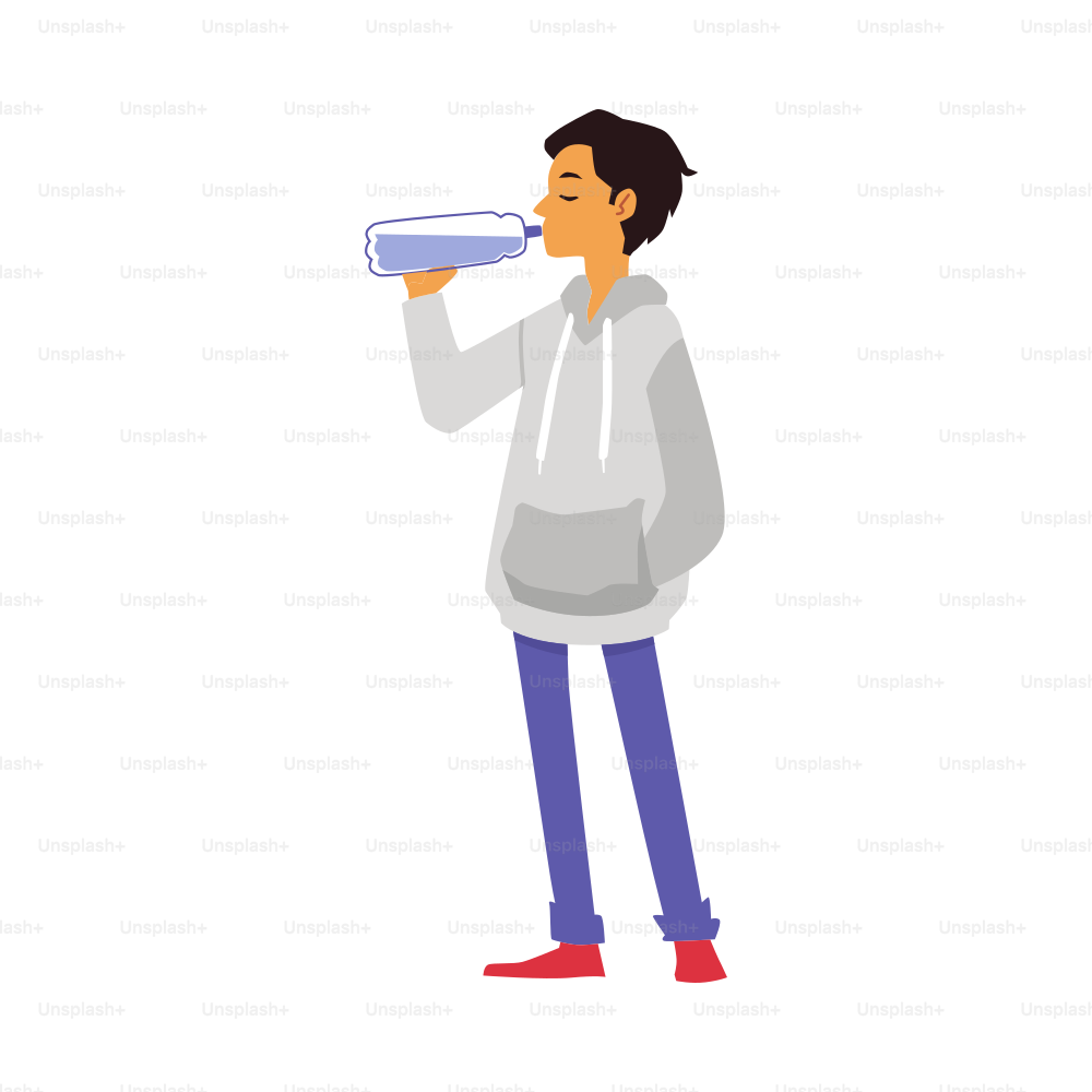 A teenage boy quenches his thirst with clean drinking water from a bottle. The guy drinks mineral or potable water. Flat cartoon vector illustration isolated on a white background.